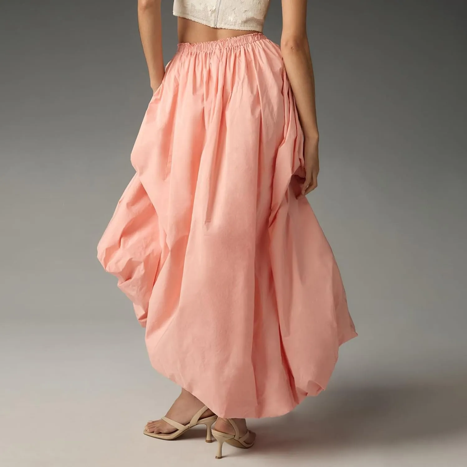 XBTCLXEBCO Bubble Maxi Skirts for Women Y2K Elastic Waist Flowy A-Line Skirt Ruffle Pleated Puffy Long Skirt Beach Vacation