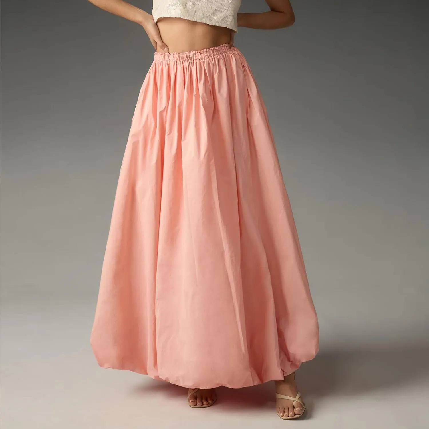 XBTCLXEBCO Bubble Maxi Skirts for Women Y2K Elastic Waist Flowy A-Line Skirt Ruffle Pleated Puffy Long Skirt Beach Vacation