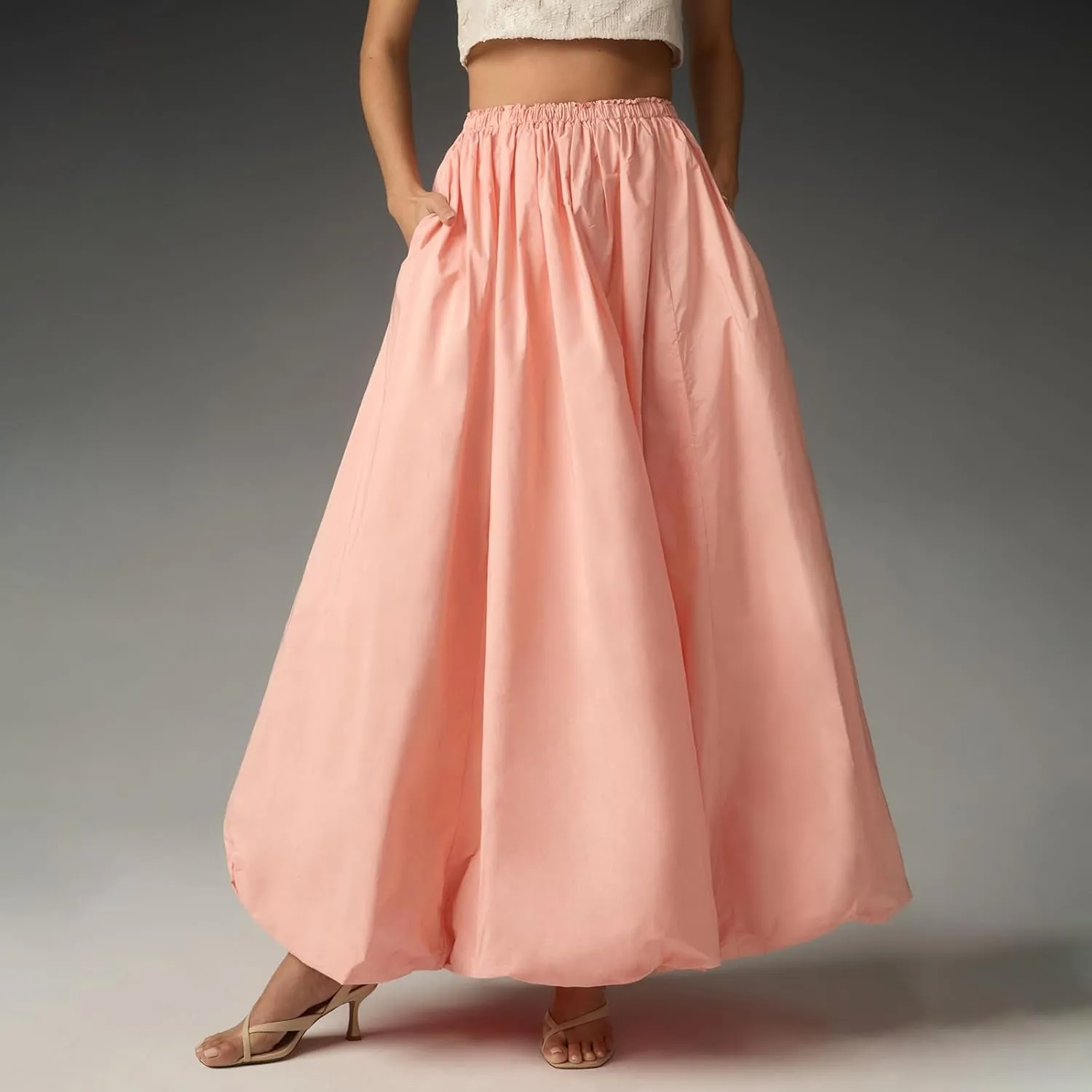 XBTCLXEBCO Bubble Maxi Skirts for Women Y2K Elastic Waist Flowy A-Line Skirt Ruffle Pleated Puffy Long Skirt Beach Vacation