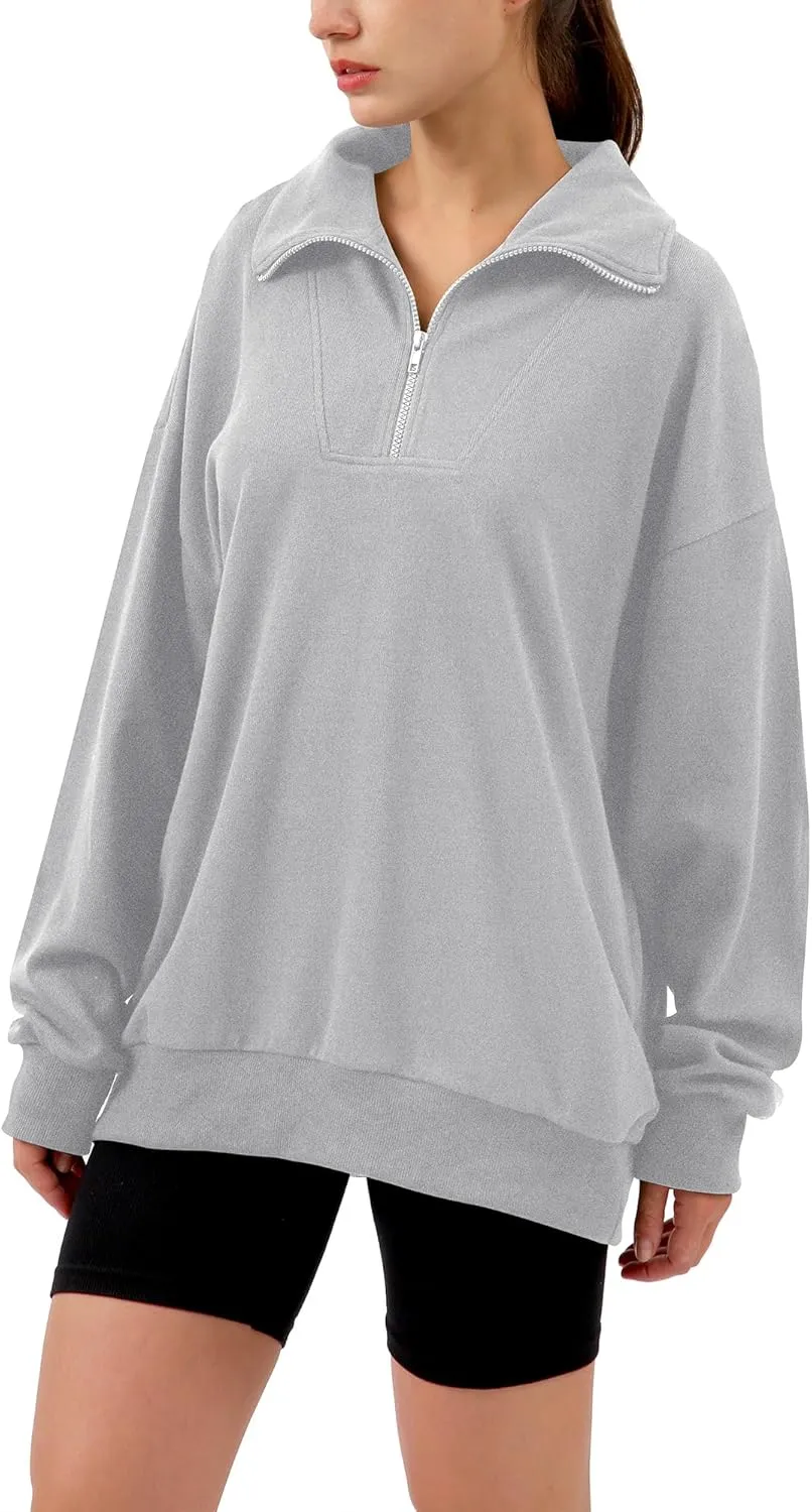 Xintianji Womens 1/4 Zip Pullover Sweatshirts Long Sleeve Drop Shoulder Half Hoodies Fall Oversized Sweater with side pockets