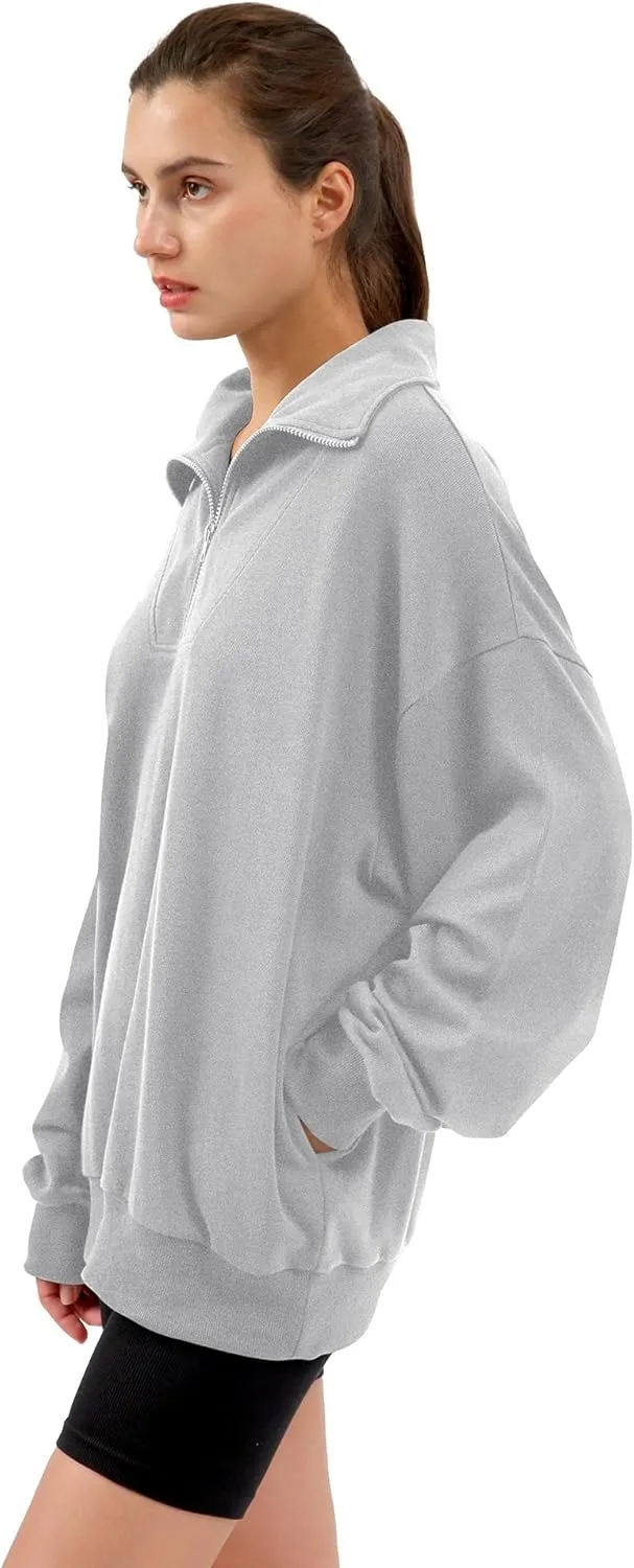 Xintianji Womens 1/4 Zip Pullover Sweatshirts Long Sleeve Drop Shoulder Half Hoodies Fall Oversized Sweater with side pockets