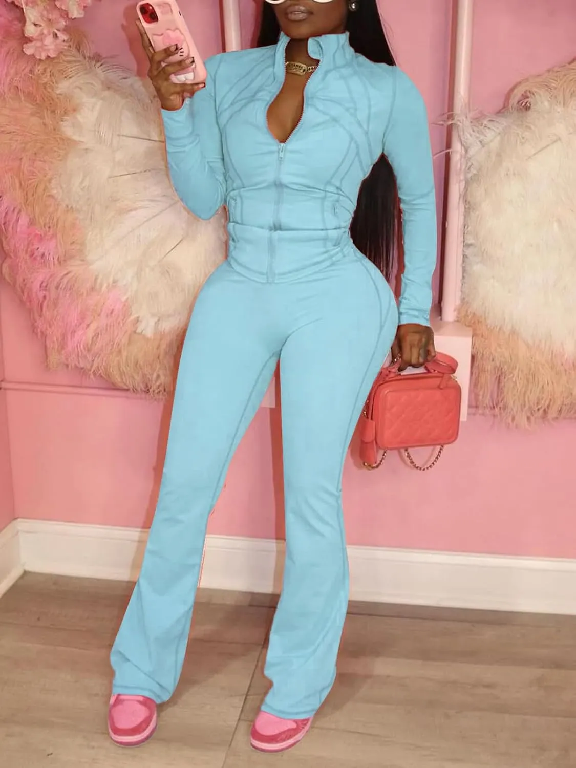 XZLUFNY Casual Workout Two Piece Outfits for Women Long Sleeve Tops Flare Pants Matching Sets