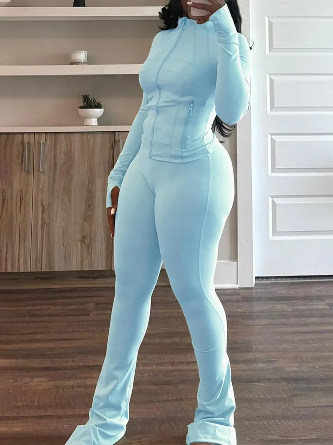 XZLUFNY Casual Workout Two Piece Outfits for Women Long Sleeve Tops Flare Pants Matching Sets