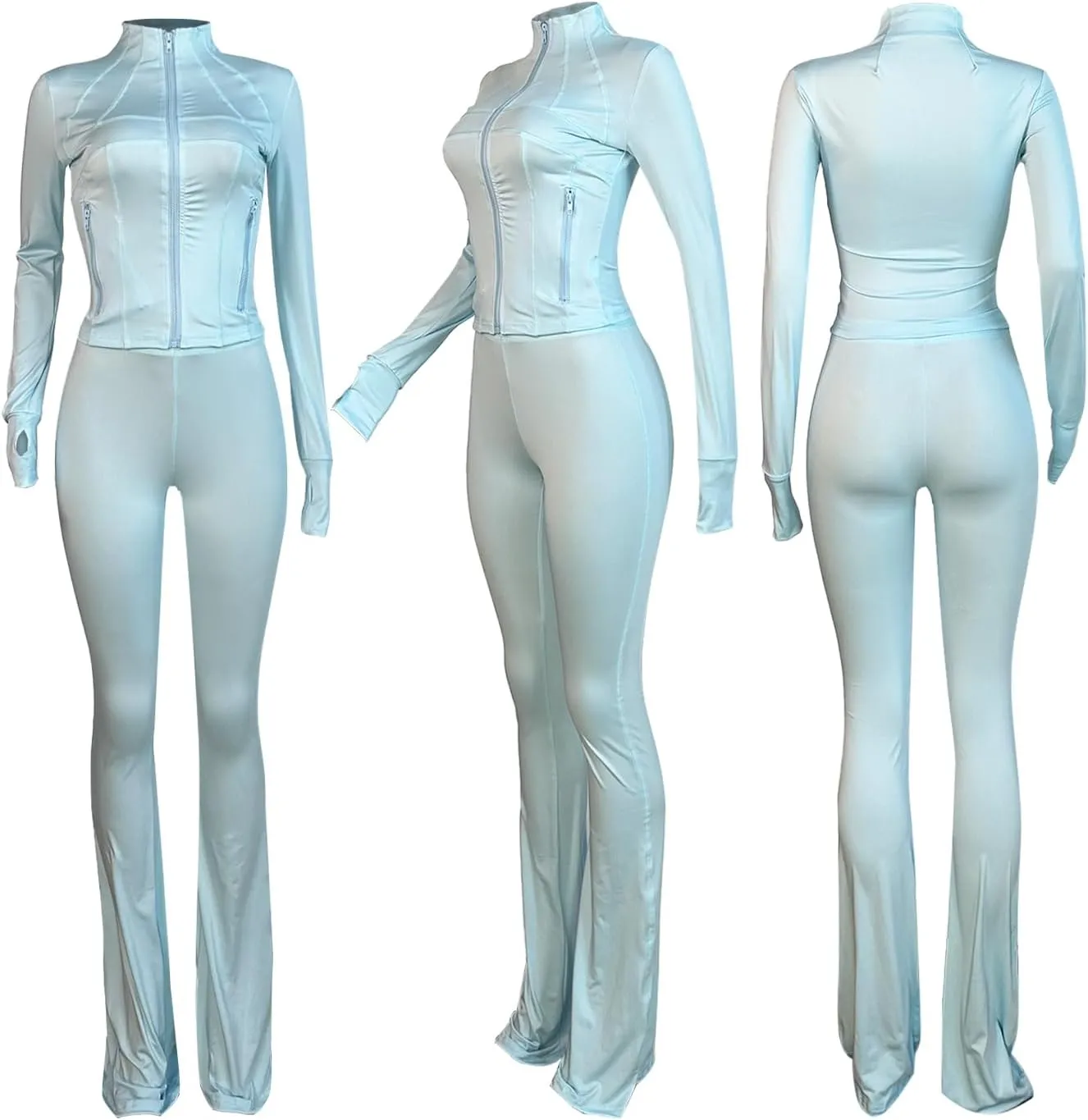 XZLUFNY Casual Workout Two Piece Outfits for Women Long Sleeve Tops Flare Pants Matching Sets