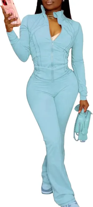 XZLUFNY Casual Workout Two Piece Outfits for Women Long Sleeve Tops Flare Pants Matching Sets