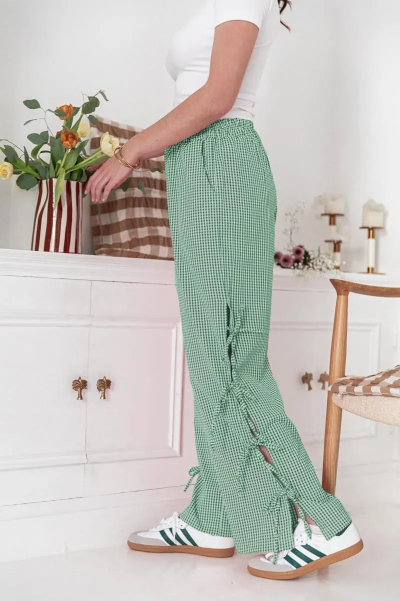 Y2K Gingham Pants for Women Plaid Checkered Elastic Waist Bow Tie Side Slit Wide Leg Pants with Pockets