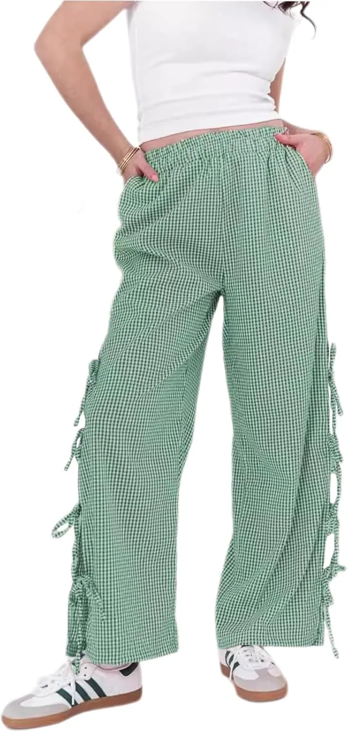 Y2K Gingham Pants for Women Plaid Checkered Elastic Waist Bow Tie Side Slit Wide Leg Pants with Pockets