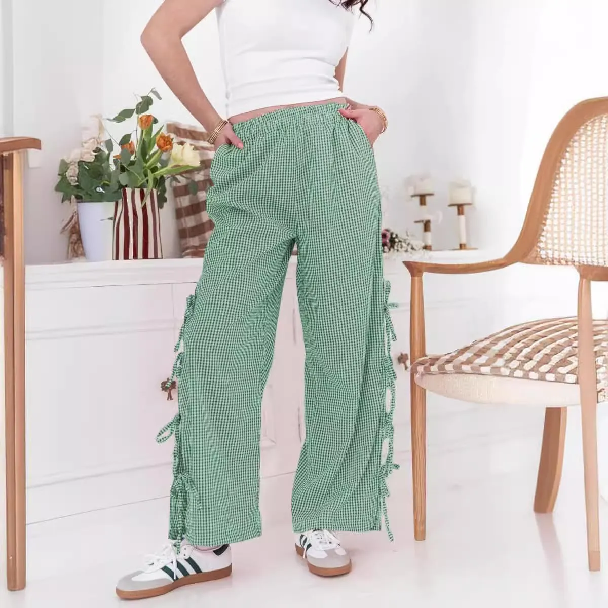 Y2K Gingham Pants for Women Plaid Checkered Elastic Waist Bow Tie Side Slit Wide Leg Pants with Pockets