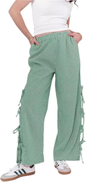 Y2K Gingham Pants for Women Plaid Checkered Elastic Waist Bow Tie Side Slit Wide Leg Pants with Pockets