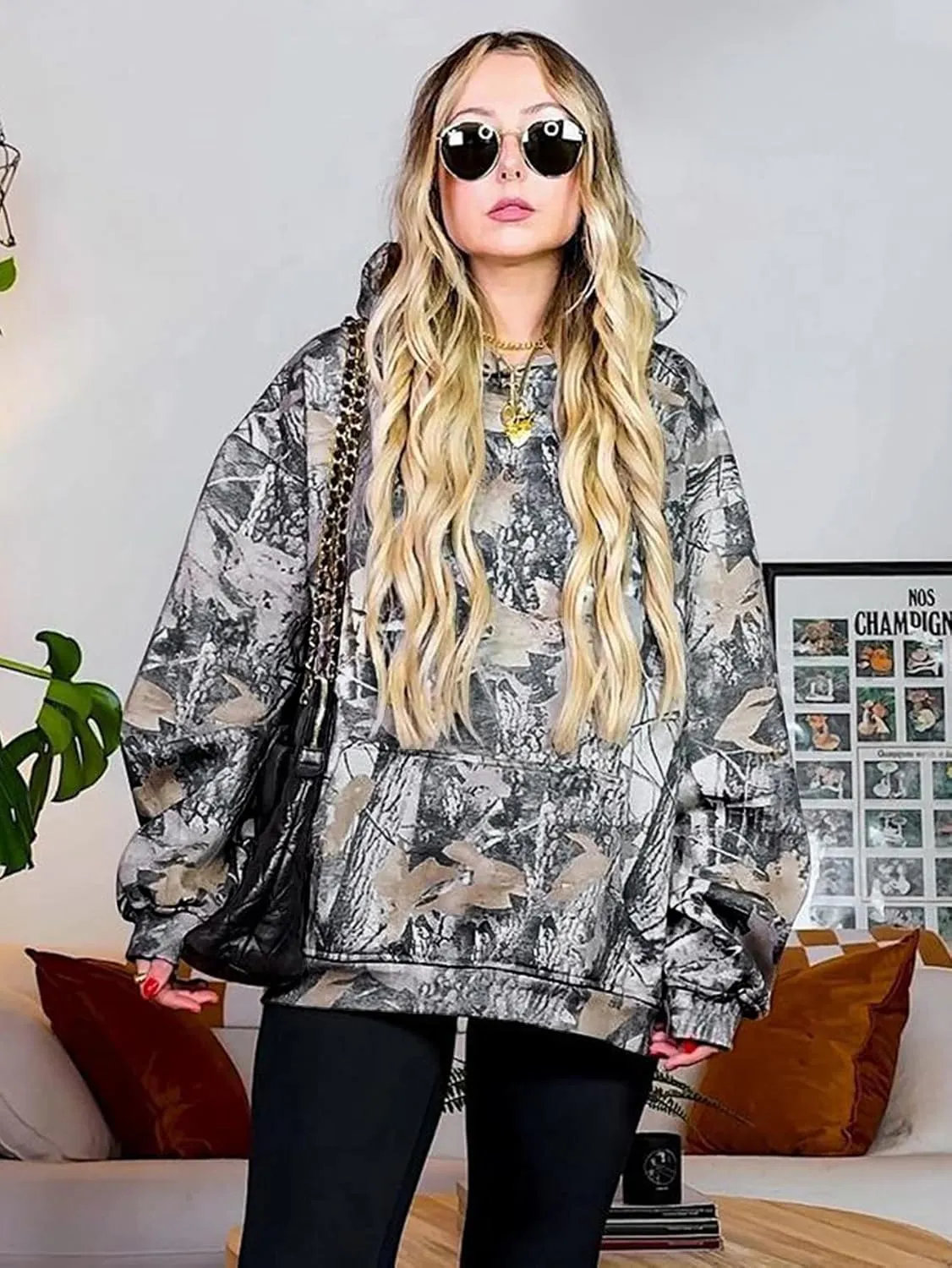 YKR Womens Camo Hoodie Oversized Maple Leaf Print Fleece Hooded Pullover Sweatshirt with Pocket