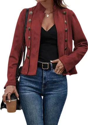 yoeasy Women's Faux Suede Leather Jacket Stand Collar Open Front Casual Long Sleeve Cropped Retro Moto Biker Coat