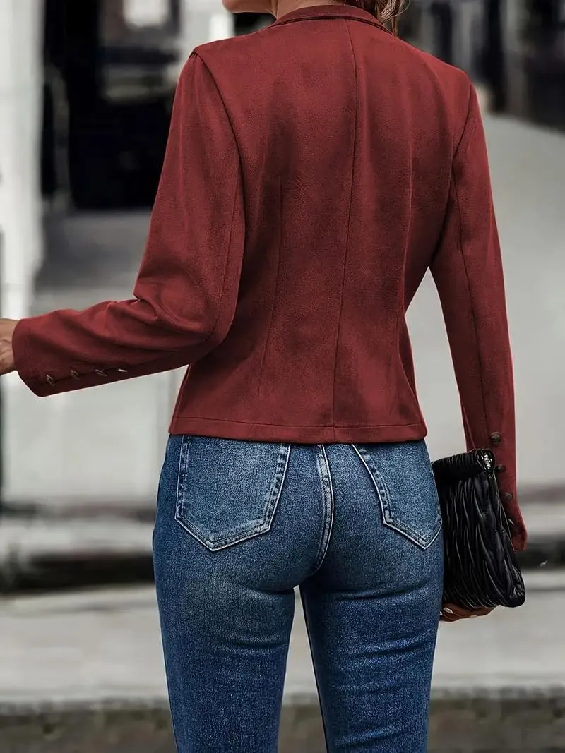 yoeasy Women's Faux Suede Leather Jacket Stand Collar Open Front Casual Long Sleeve Cropped Retro Moto Biker Coat