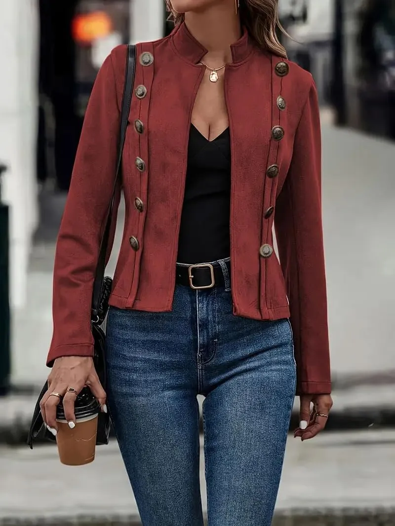 yoeasy Women's Faux Suede Leather Jacket Stand Collar Open Front Casual Long Sleeve Cropped Retro Moto Biker Coat