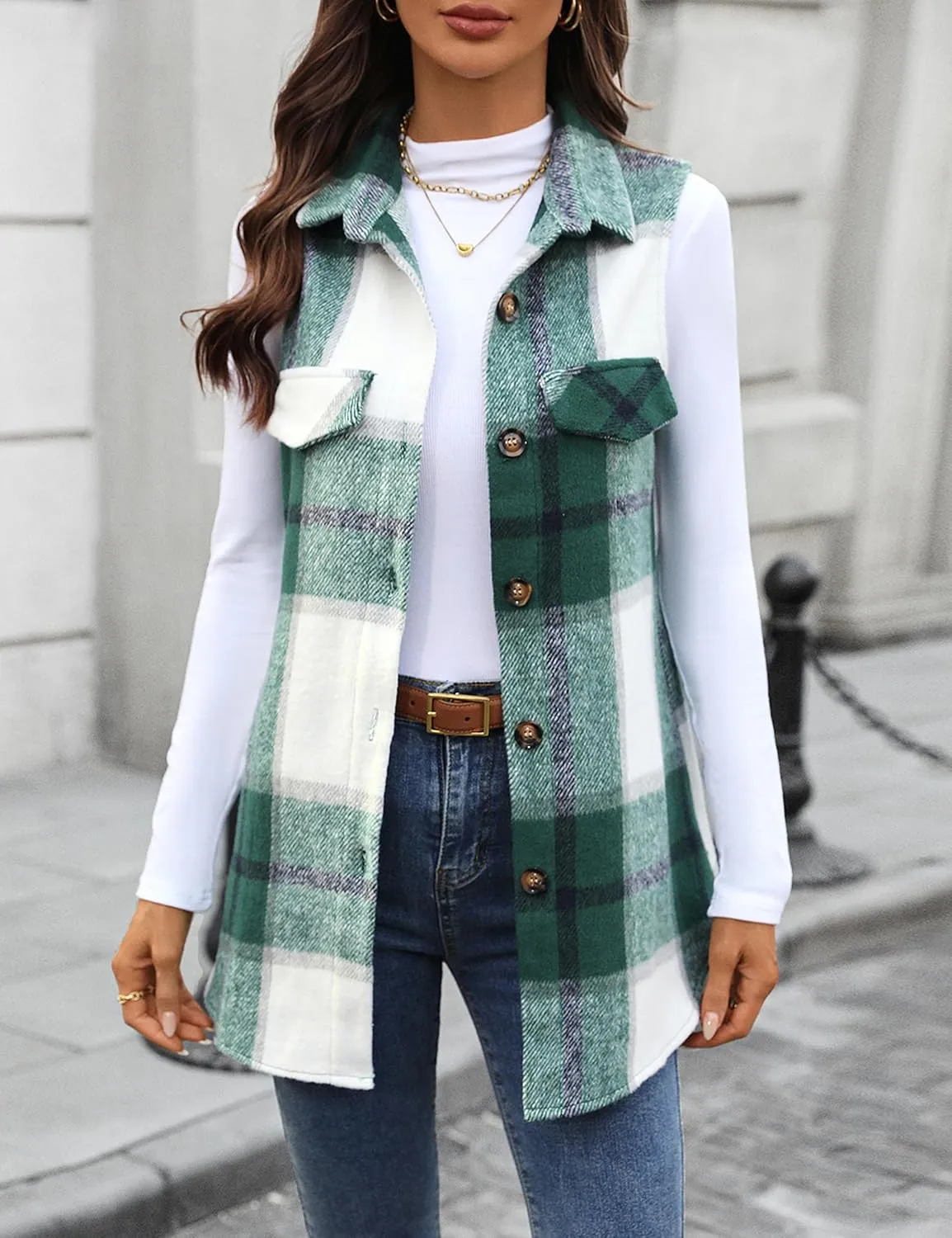 ZILIN Women's Flannel Plaid Vest Button Down Sleeveless Shacket Shirt Jacket