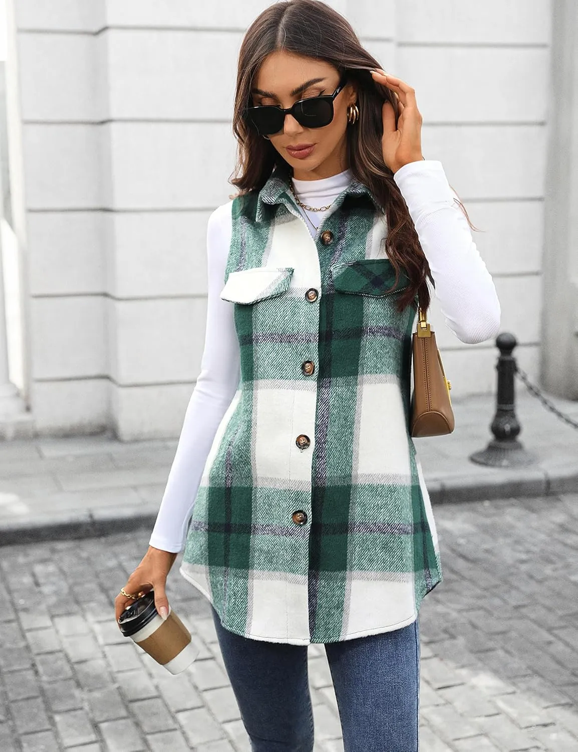 ZILIN Women's Flannel Plaid Vest Button Down Sleeveless Shacket Shirt Jacket