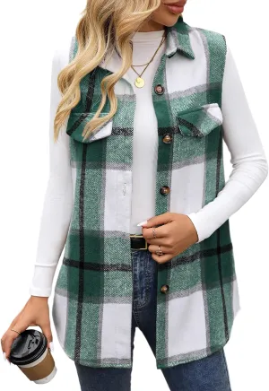 ZILIN Women's Flannel Plaid Vest Button Down Sleeveless Shacket Shirt Jacket