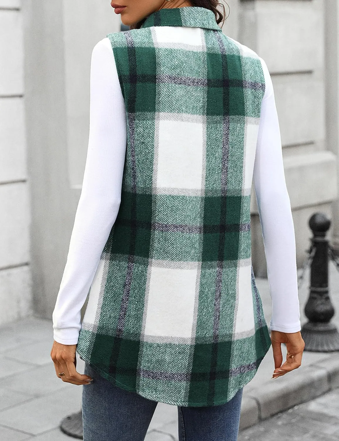 ZILIN Women's Flannel Plaid Vest Button Down Sleeveless Shacket Shirt Jacket