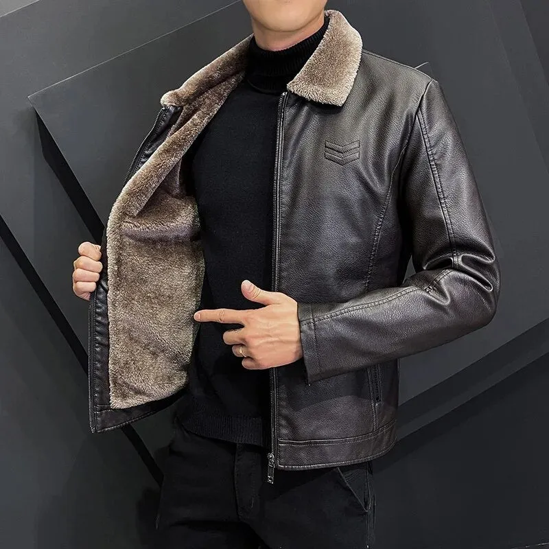 Zipper Straight Hem Formal Casual Coats Bomber Leather Jacket